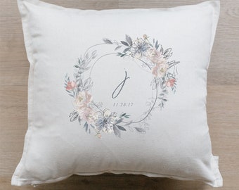 Throw Pillow - Personalized Baby Initial with Floral Wreath - Farmhouse Style, 100% Organic Cotton, Calligraphy Décor, Housewarming gift