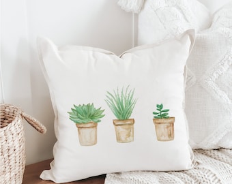 Throw Pillow - Potted Succulents Watercolor - Handmade in USA, Organic Cotton, Home Décor, Housewarming Gift ,Present for Her, Cushion Cover