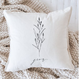 Throw Pillow - Grow Wildflower - Vintage Farmhouse, Handmade in USA, Organic Cotton, Calligraphy Home Decor, Spring Gifts, Housewarming gift