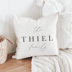Throw Pillow Personalized Family Name Farmhouse, Heirloom, Handmade in USA, Organic Cotton, Calligraphy Home Decor, Housewarming gift image 1