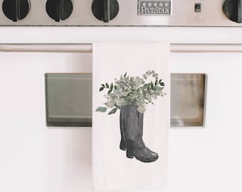 Kitchen Towel - Boots Watercolor - Made in the USA, housewarming gift, wedding favor, kitchen decor, Easter present, calligraphy design