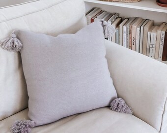 Purple-Grey Corner Tassels Pillow - home décor, gift for her, girlfriend, farmhouse, housewarming, cozy décor