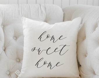 SALE 18" NATURAL Throw Pillow - Home Sweet Home, Handmade in USA, 100% Organic Cotton, Calligraphy Home Decor, Shop Small, Housewarming gift