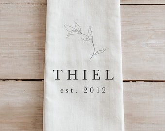 Kitchen Towel - Personalized Last Name with Laurel and Year - Made in the USA, housewarming gift, wedding favor, kitchen decor, calligraphy