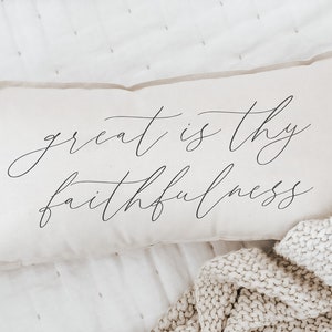 Lumbar Pillow - Great is Thy Faithfulness -  Christian, Verse, Handmade in USA, Calligraphy, Shop Small, Housewarming gift, Cushion Cover