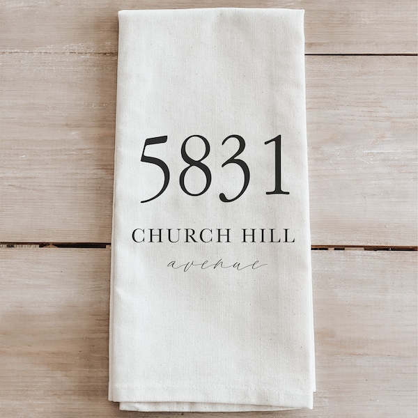 Kitchen Towel - Personalized Lettered Address - housewarming gift, wedding favor, kitchen decor, anniversary present, calligraphy design