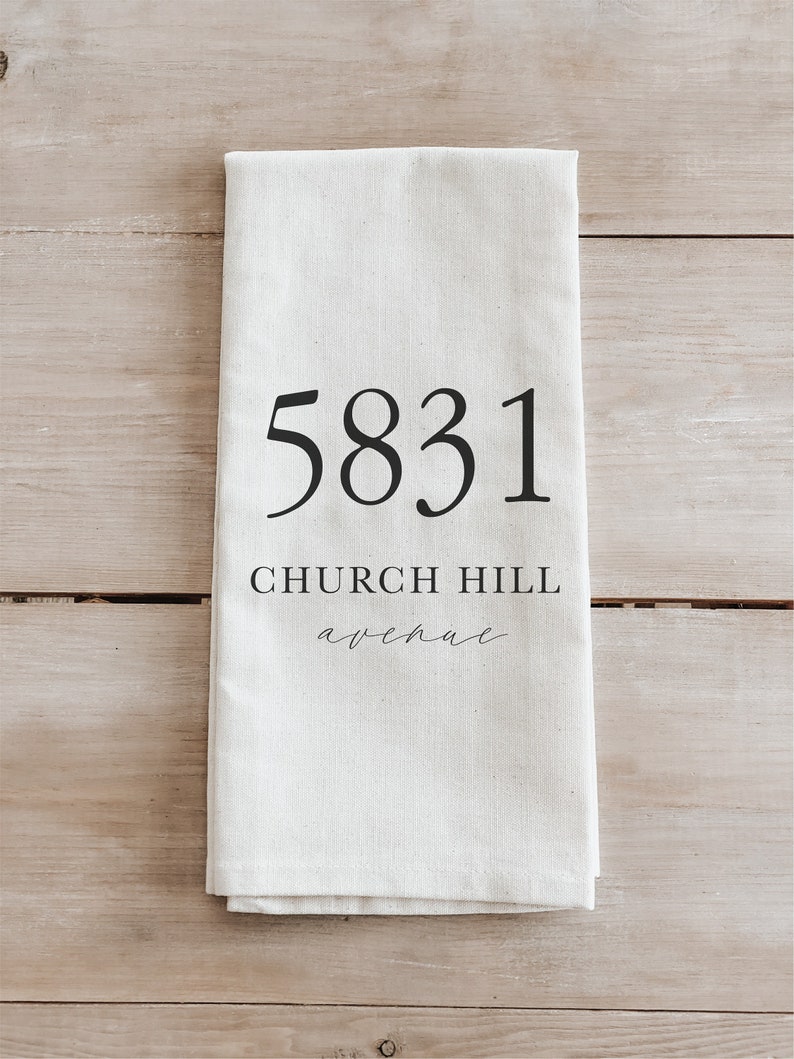 Kitchen Towel Personalized Lettered Address housewarming gift, wedding favor, kitchen decor, anniversary present, calligraphy design image 1