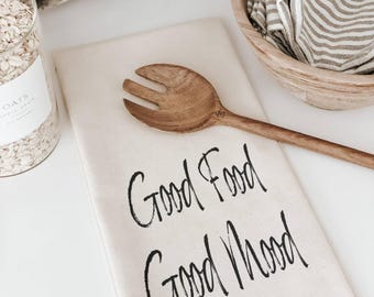 Tea Towel - Good Food Good Mood | Kitchen Decor, Eco-Friendly Gift, Organic Cotton, Dish Drying, Sketch Art, Housewarming