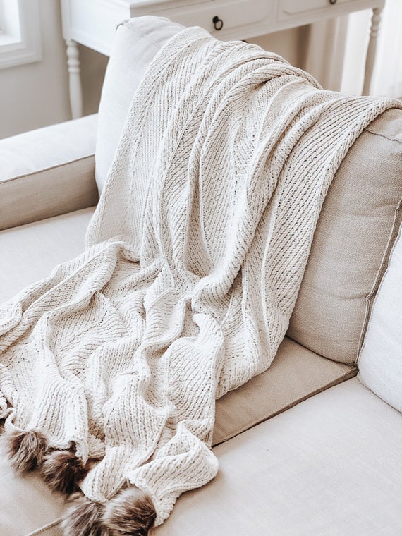 Cream With Faux Fur Poms Knit Throw Blanket Cozy Throw Housewarming Gift Snuggle Up Home Decor Sofa Blanket Etsy Canada