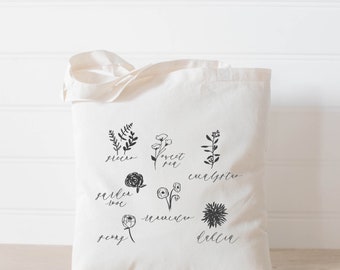 Tote Bag - Flower Types, present, housewarming gift, wedding favor, bridesmaid gift, women's gift