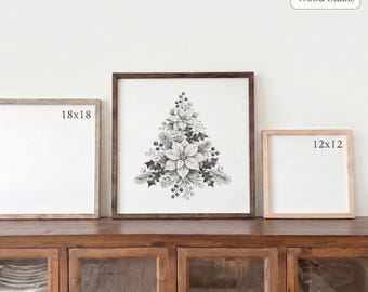 Floral Tree Foliage Christmas Wall Art - Wood Framed Sign