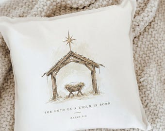 Unto Us Manger Nativity Throw Pillow Christmas Decor