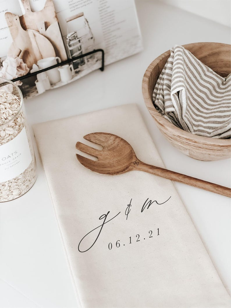 Personalized Tea Towel - Personalized Two Initials and Date | Bridal Shower Gift, Personalized Kitchen Towel, Monogrammed Tea Towel image 1
