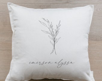 Throw Pillow - Name with Bouquet - Outer Edge Seam, Handmade in USA, Organic Cotton, Calligraphy Home Decor, Shop Small, Housewarming gift