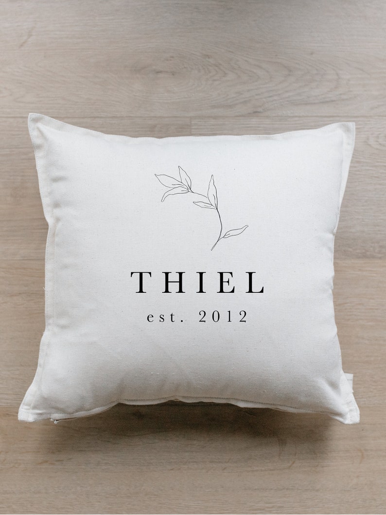 Throw Pillow Personalized Last Name With Laurel Floral Design, Choose Your Fabric Color, Text Color, Cover Size and Fill in listing image 1