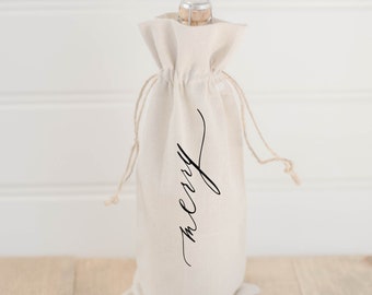 Christmas Wine Bag - Merry Script, hostess gift, wedding gift, Handmade in USA, Winter Decor, Gift, Present for Her, Seasonal Home Decor