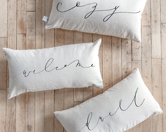 LMB x PCB - Lumbar Pillow - Cozy White Cottage Words - Standard Seam - Liz Marie Blog, Calligraphy Home Decor, Shop Small, Housewarming gift