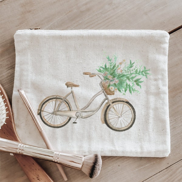 Cosmetic Bag - Floral Bike Watercolor - Handmade in USA, 100% Organic Cotton, Shop Small, Pencil Case, Bridesmaid Gift, Wedding Favor