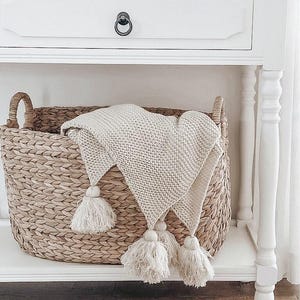 Knit Throw Blanket - Knit Throw Blanket With Tassels | Cozy Neutral Home Decor, Sofa Throw, Housewarming Gift