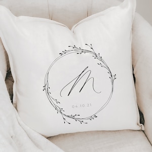 Throw Pillow - Personalized Initial with Wreath, Calligraphy custom decorative, Housewarming gift, Newlywed gift, Gift for Mom, 100% Cotton