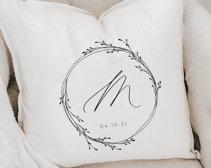 Throw Pillow - Personalized Initial with Wreath, Calligraphy custom decorative, Housewarming gift, Newlywed gift, Gift for Mom, 100% Cotton