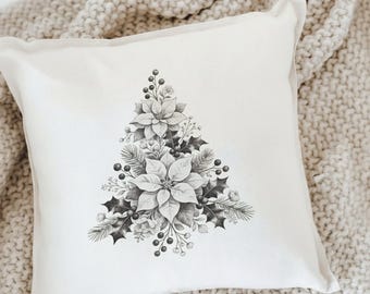 Floral Tree Foliage Christmas Poinsettia Throw Pillow
