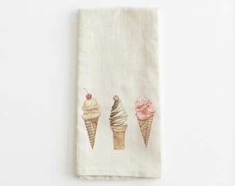 Tea Towel - Ice Cream Watercolor | Bridal Shower Gift, Summer Tea Towel, Ice Cream Kitchen Towel, Hostess Gift Tea Towel