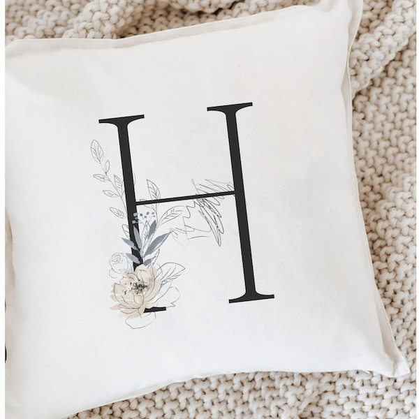 Throw Pillow - Personalized Floral Letter Pillow - Flower Design, Girl's Room, 100% Cotton, Calligraphy Home Decor, Newborn Baby gift