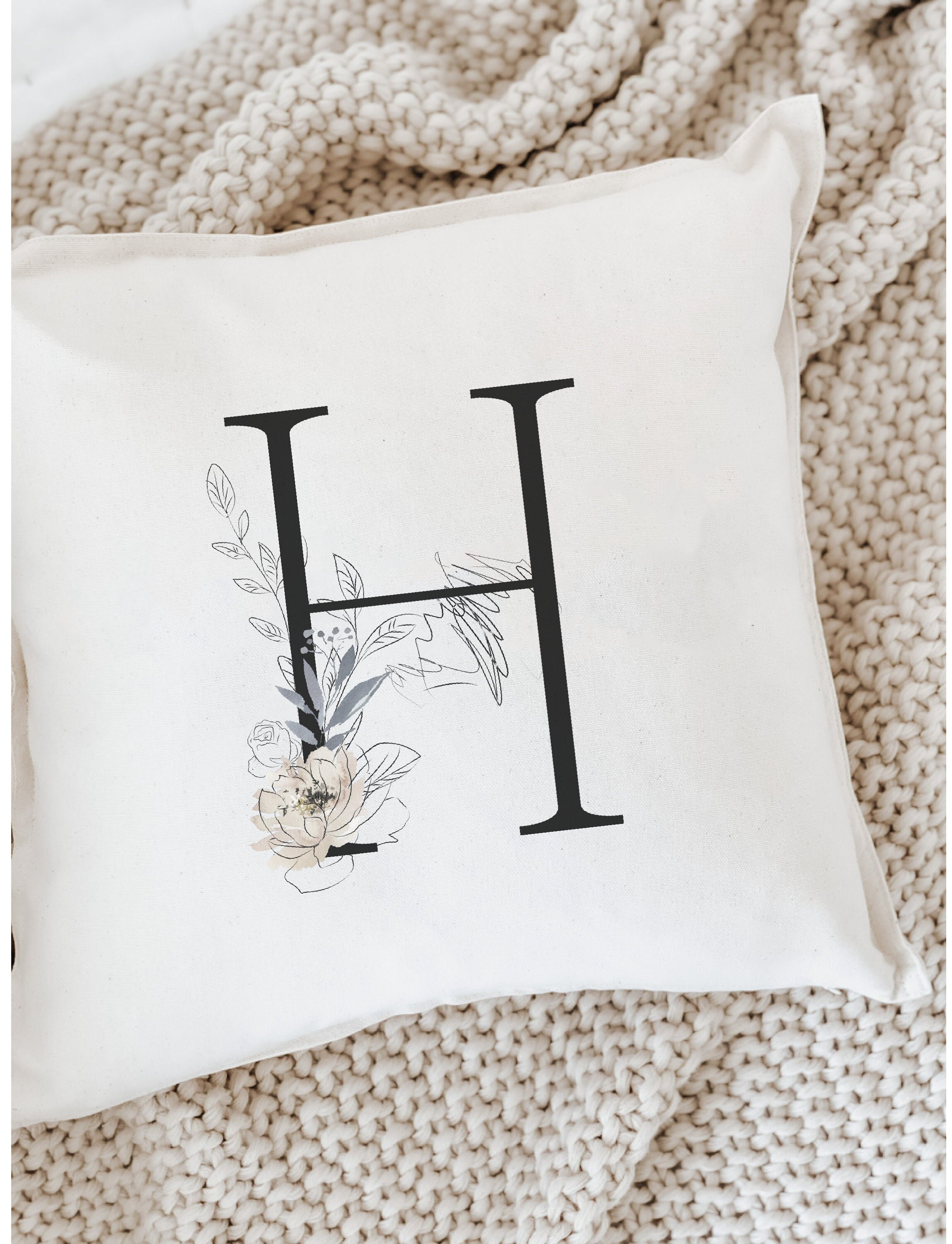 Monogram Cushion Cover Simple Letter Flower Print Throw Pillow