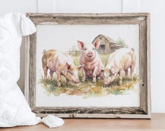 Barnwood Frames - Three Little Pigs | Farmhouse Decor, Watercolor Art, Rustic Wall Hanging, Gift for Pig Lovers, Country Style
