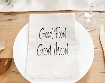 Napkins - Good Food Good Mood | Eco Friendly, Fringe Edge, Rustic Linen, Farmhouse Style, Housewarming Gift, Tableware