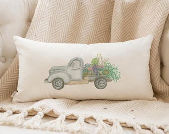 Lumbar Pillows - Flower Truck Watercolor -Spring Watercolor | Mother's Day Gift, Mother's Day Lumbar Pillow, Spring Decor Lumbar Pillow