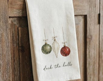 Deck The Halls 3 Ornaments Christmas Tea Towel