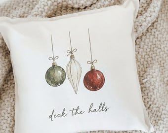 Deck The Halls 3 Ornaments Christmas Square Throw Pillow