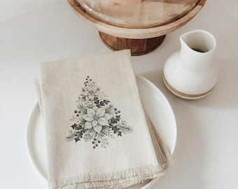 Floral Tree Foliage Christmas Cloth Napkins 20x20 Fringed Set of 5