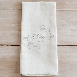 Kitchen Towel Personalized Last Name Date With Laurels Made in the USA, housewarming gift, wedding favor, kitchen decor, calligraphy image 1