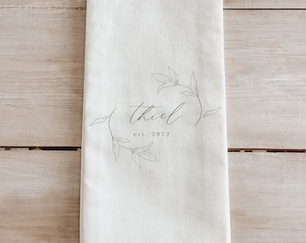 Kitchen Towel - Personalized Last Name Date With Laurels - Made in the USA, housewarming gift, wedding favor, kitchen decor, calligraphy