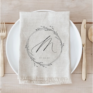 Napkin - Personalized Initial and Date Wreath - Organic cotton Napkin, wedding decor, newlywed gift, housewarming, anniversary, table ware