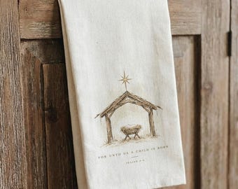 Unto Us Manger Christmas Tea Towel with Nativity Scene