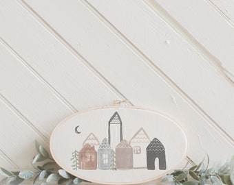 KV x PCB - Winter Houses Oval Printed Embroidery Hoop - Easter gift, housewarming, home decor, spring gift, wall decor, rustic