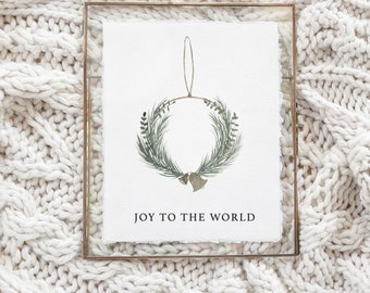 Christmas Calligraphy Print - Joy to the World Wreath Watercolor - Vertical, Winter Decor, Gift, Holiday Gift, Seasonal Decor, Christmas