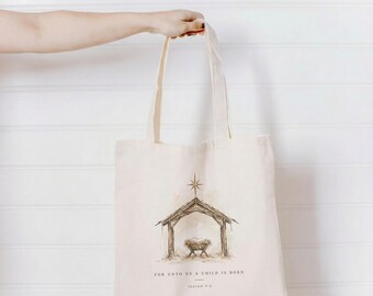 Unto Us Manger Nativity Cotton Tote Bag for Christmas