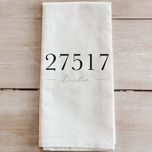 Personalized Tea Towel - Personalized Zip Code Script | Housewarming Gift, Personalized Kitchen Tea Towel, Gift For Mom Towel