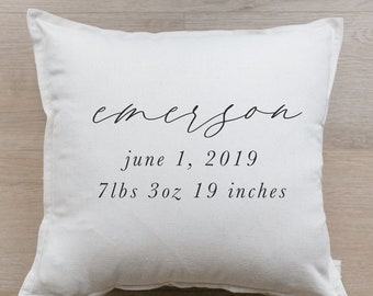 Throw Pillow - Calligraphy Birth Stats - Outer Edge Seam, Handmade in USA, 100% Organic Cotton, Calligraphy, Shop Small, Housewarming gift