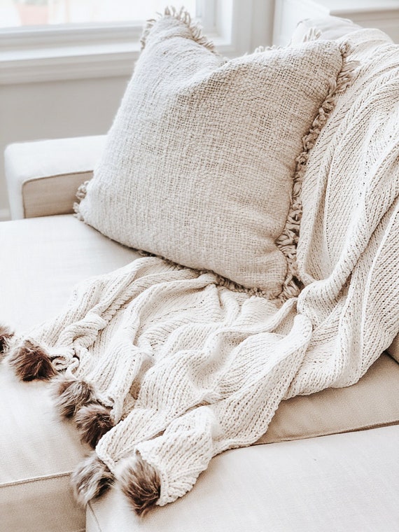Cream With Faux Fur Poms Knit Throw Blanket Cozy Throw Housewarming Gift Snuggle Up Home Decor Sofa Blanket Etsy Canada