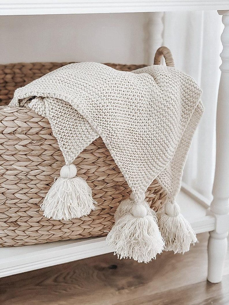 Knit Throw Blanket With Tassels - Thumbnail 2