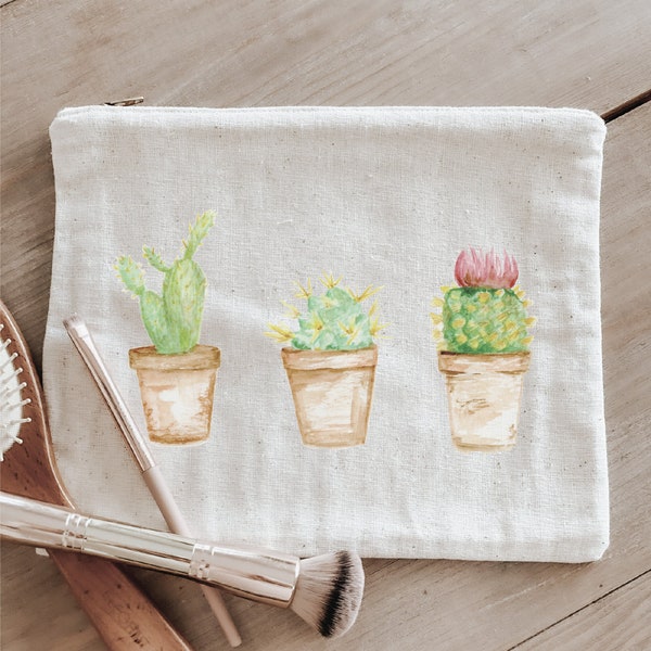 Cosmetic Bag - Cactus Watercolor, Handmade in USA, 100% Organic Cotton, Shop Small, Pencil Case, Bridesmaid Gift, Wedding Favor