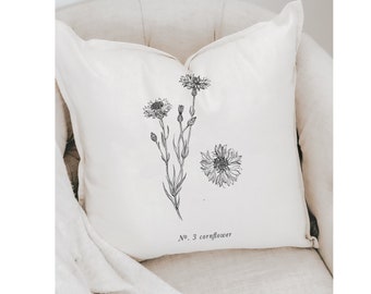 Throw Pillow - Cornflower Botanical  - Floral Design, Handmade in USA, 100% Organic Cotton, Home Décor, Housewarming gift, Floral, Liz Marie