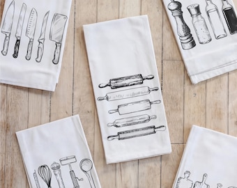 Tea Towel - Kitchen Tools Bundle | Set of 3, Kitchen Decor, Housewarming Gift, Sketch Style, Organic Cotton, Dish Drying