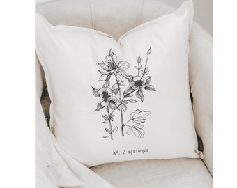 Throw Pillow - Aquilegia Botanical - Housewarming Present, Wedding Gift, Square Cover, For Her, Liz Marie Blog, Decorative Farmhouse Style